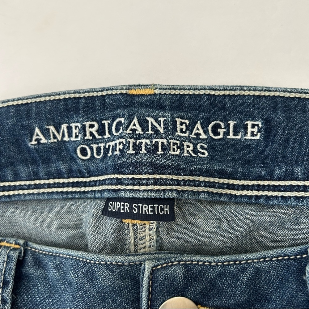 American Eagle Kick Boot Jeans Womens 14 X Long Dark Blue Denim Stretch Distress - Picture 2 of 14